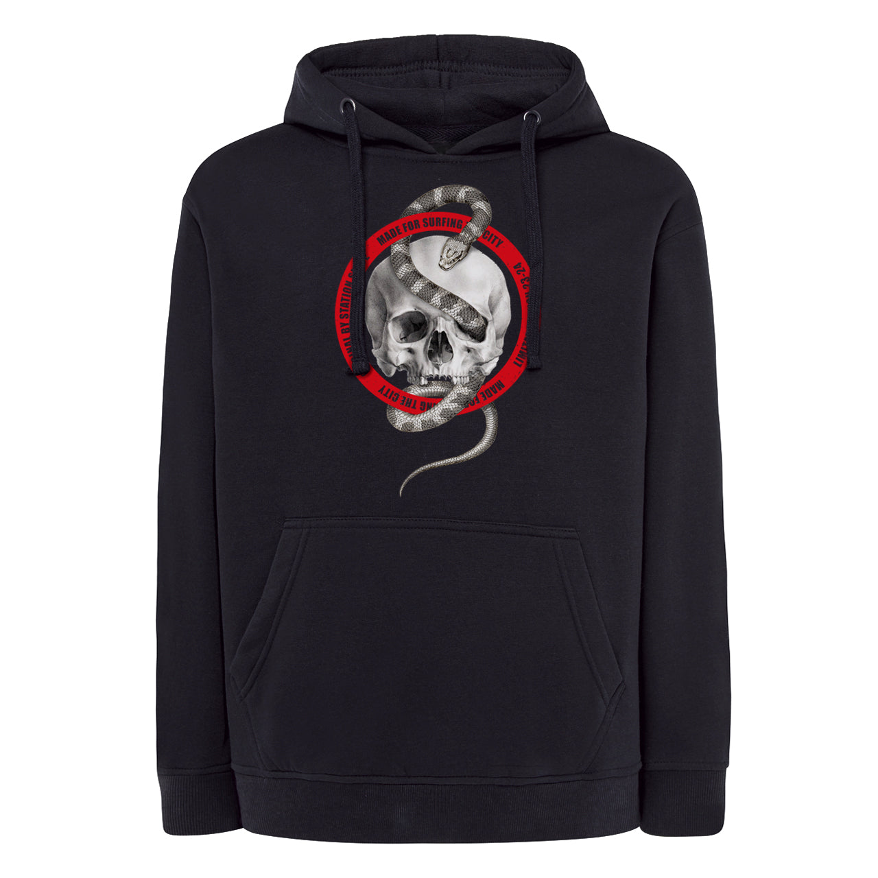 Sudadera SWEART color AZUL NY con  calavera y serpiente realista vista frontal
