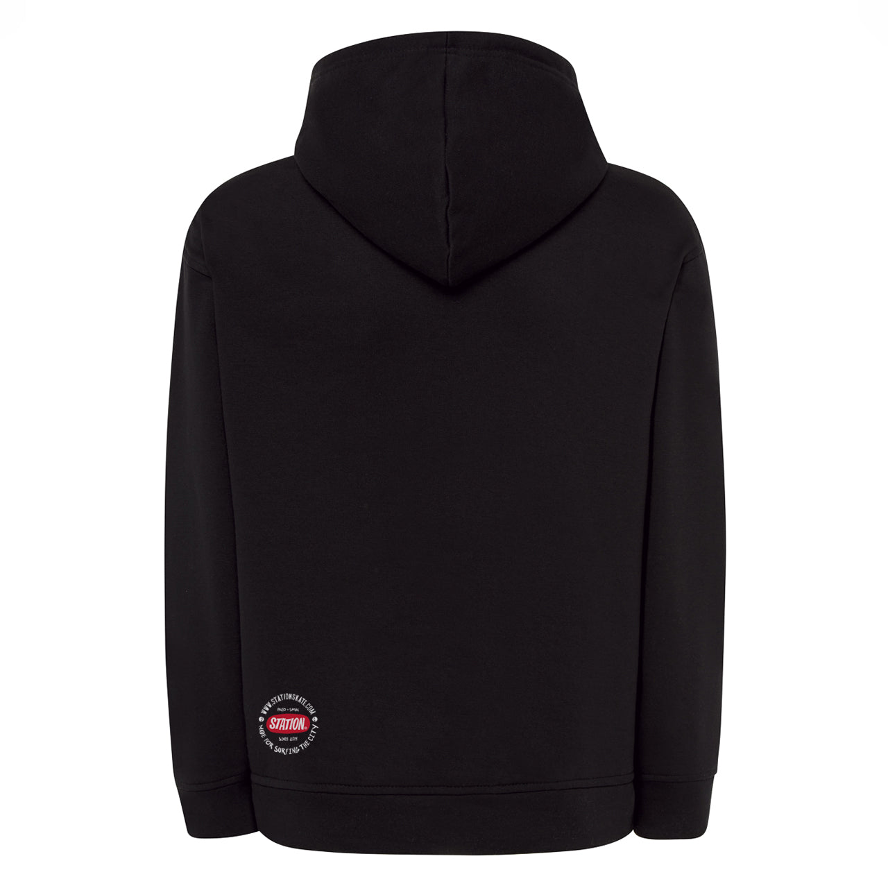 Sudadera SWEART  color negro sello calavera original Station  vista trasera espalda