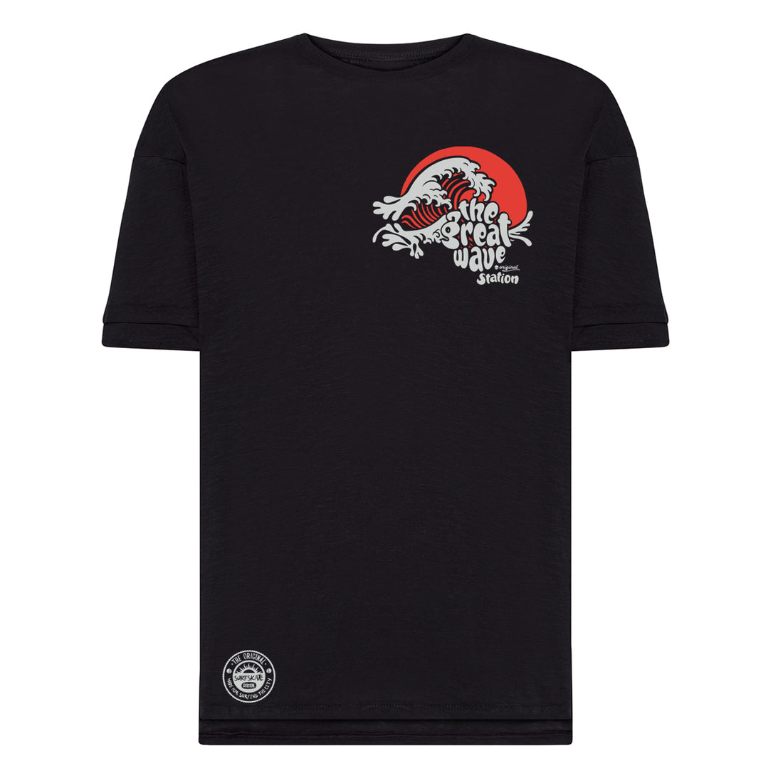 Camiseta negra GREAT WAVE y logo Station pequeño