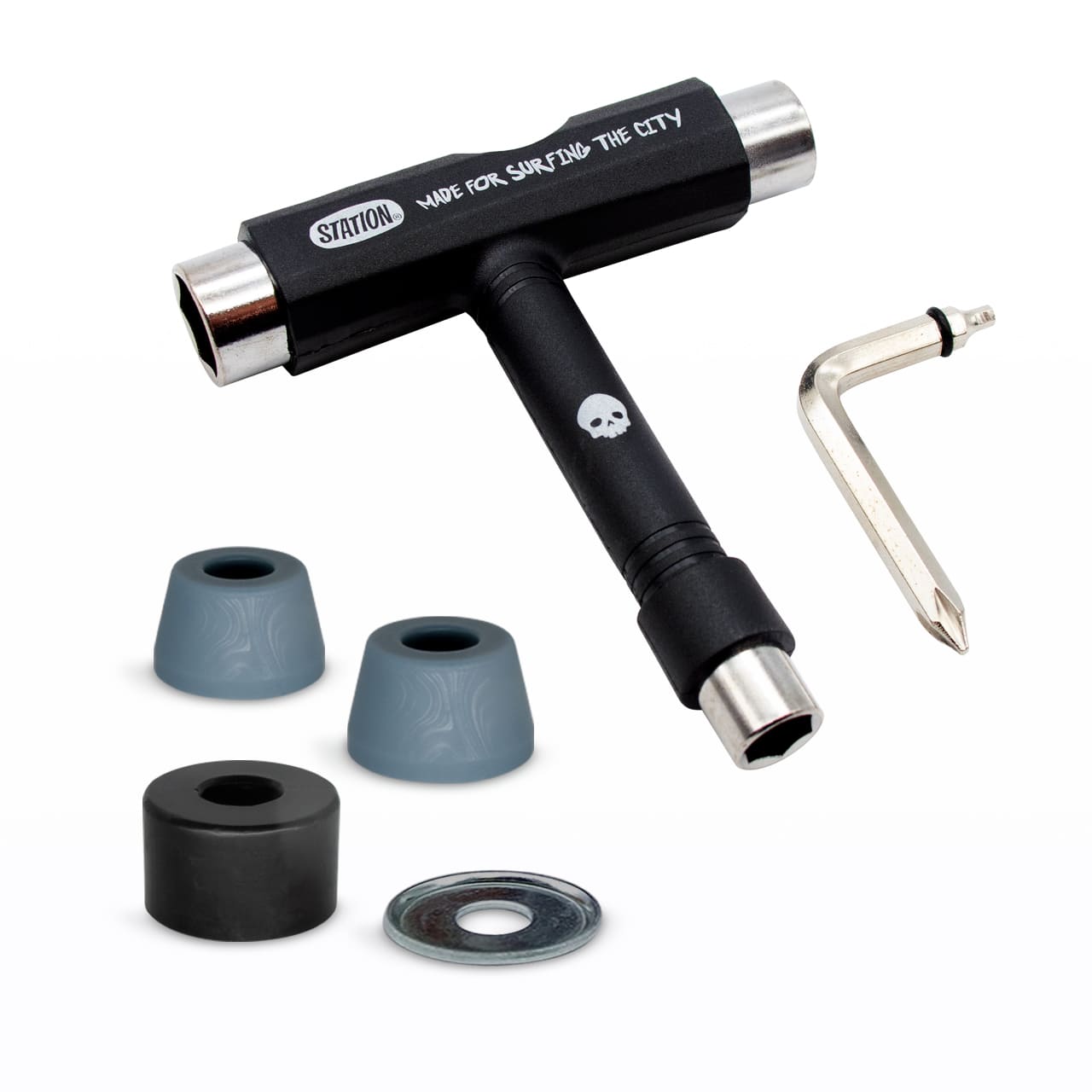 Detalle llave de T bushings y arandela longboard